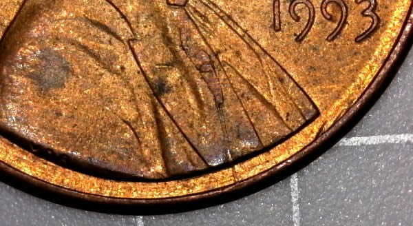 1993-P-Lincoln-Cent-With-Retained-Interior-Die-Break,-And-Die-Dents